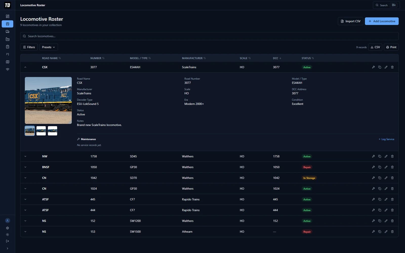 TrainDCS Locomotive Roster screenshot